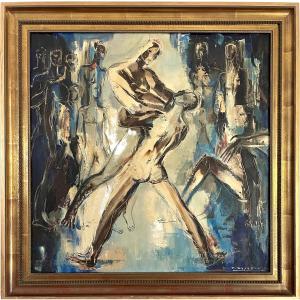 Paul Daxhelet (1905-1993), The Wrestlers, Hst, Signed, Ca 1960, Dim: 70.5x70.5 Cm, Framed.