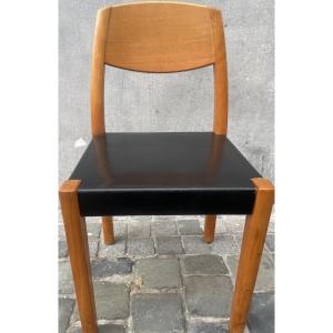 D. Seltz, Set Of 6 Solid Beech Chairs, Black Leather Seat, Ca 1990 