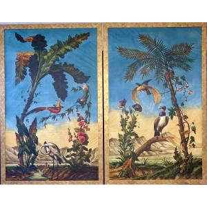 Pair Of Tempera On Canvas, Landscapes With Exotic Birds, Follower Of J. Barraband, Ca 1820.