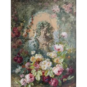 Edouard Pourchet (1839-1888), Still Life With Roses, Fine Watercolor, Signed, 1873, Framed 