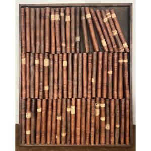 Sandstone Sculpture, Mock Codex Library, Ca. 1960, Wooden Frame, Dimensions 103x81x8cm