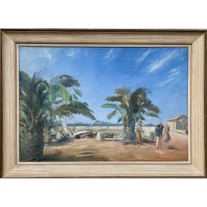 Raoul Domenjoz (1896-1978), Palm Trees At Sanary, Oil On Canvas, Signed, Ca 1950, 51x73 Cm, Framed.