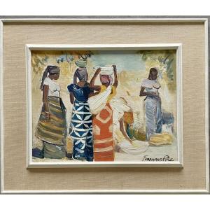 Ferdinand Pire (1943-), Market Scene, Oil On Panel, Signed, Ca1970, Framed.