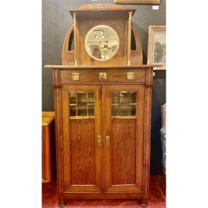 Art Nouveau Oak Display Cabinet With Mirror, Two-door Display Case, Dimensions: 195x95x45 Cm.