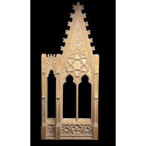 Neo-gothic Window, Masterpiece In Spruce, Circa 1960, Beautiful Patina, Dimensions: 187x80x16 Cm
