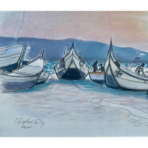 Roger Chapelain-midy (1904-1992), Nazaré, Watercolor & Pencil On Paper, Signed, Ca 1980, Framed.