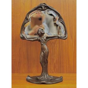 Francesco Flora (1857-..), Art Nouveau Mirror, Regula With Brown Patina, Signed, Ca. 1910, 51x31cm.