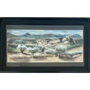 Claude Piéchaud(1928-2008), Vue Sur Les Alpilles, Pastel/paper, Signed, Ca. 1965, 28x64.5 Cm.