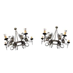 Mazzucotelli Alessandro (1865-1938) (attributed To). Pair Of Wrought Iron Chandeliers