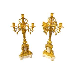 Pair Of 19th-century Gilt Bronze And White Marble Candelabra 