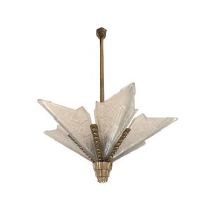 Art Deco Press-molded Glass And Nickel-plated Bronze Chandelier, Circa 1930