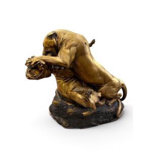 Georges Gardet (1863-1939) Panthers In Combat Large Gilded Bronze Sculpture Thiéba Casting