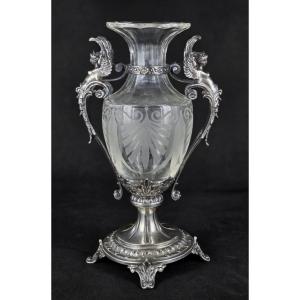 Silver And Crystal Vase By Martin Mayer Germany With Winged Sphinx Handles