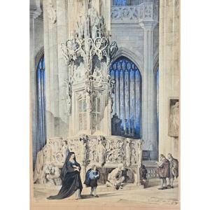 édouard Villain Watercolor Church Interior 1851
