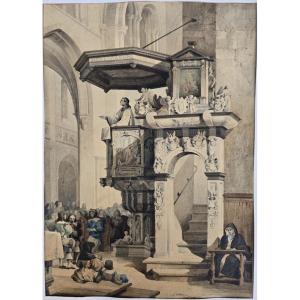 Edouard Villain Watercolor Drawing Cathedral Pulpit 1851
