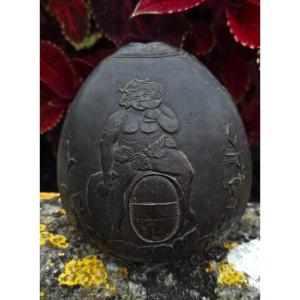 19th Century Coconut Carved With Bacchus On His Barrel, Warrior And Woman Listening To An Angel.