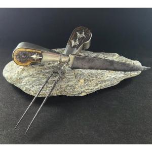 18th Century Hunting Cutlery In Antler, Silver And Steel, Knife.