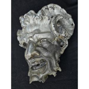 Zinc Faun Or Devil Head From The 19th Century, Decorative Facade Element.