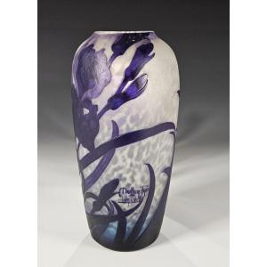 Muller Frères Lunéville - Acid-etched Iris Violets Vase - Art Nouveau