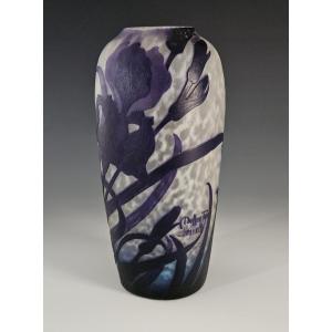 Muller Frères Lunéville - Acid-etched Iris Violets Vase - Art Nouveau