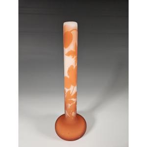 Gallé - Soliflore Vase In Acid-etched Decorated With Orange Anemones 21.5 Cm