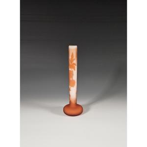 Gallé - Soliflore Vase In Acid-etched Decorated With Orange Anemones 21.5 Cm
