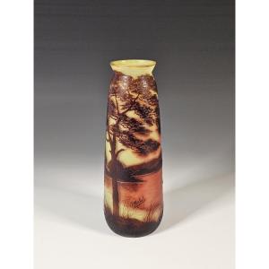 Art Nouveau Acid-etched Glass Vase Signed J.michel - 26 Cm