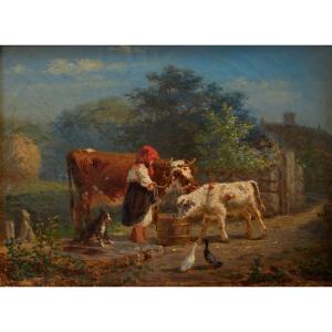 Gustaf Brandelius (1833 - 1884) - A Young Woman With Her Animals
