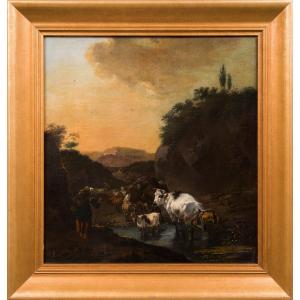 Jan Frans Soolmaker - Shepherd With Sheep, Cows And A Goat In A Landscape