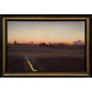 Albert Larsson (1869-1952) - Twilight Landscape With Windmill And Church