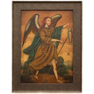 Cuzco School - A Portrait Of Archangel Raphael With Fish, 1800s