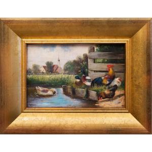 Rooster With Hens And Ducks At The Edge Of A Pond By German Artist Alfred Schönian