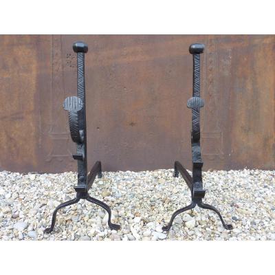 Pair Andirons Chiseled Seventeenth S.