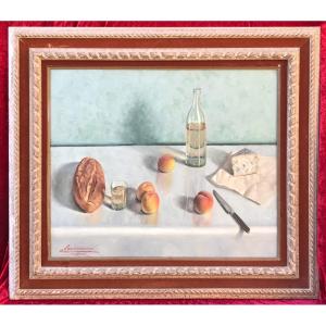 Chauvignac (20th Century) - Still Life With Bread And Cheese