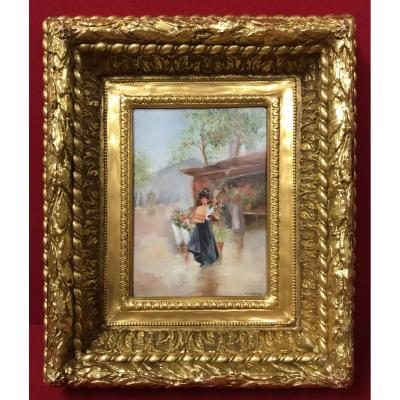 Painting 19th Century Lady At The Flower Market