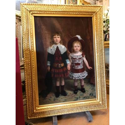 Edgard Cugnotet - Painting 19th Century - Portrait Of Two Children 1884