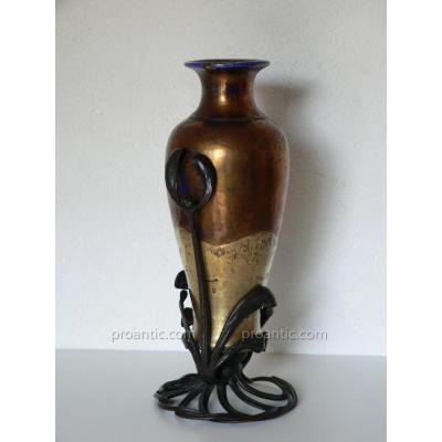 Vase Art Nouveau Iridescent Earthenware Wrought Iron Emile Robert Nancy