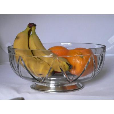 Fruit Bowl Centerpiece Oval Cut Crystal Art Deco, Shower Foot In Sterling Silver