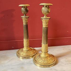 Large Pair Of Column-shaped Torches, Empire Period (34 Cm)