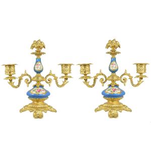 Pair Of Candlesticks Gilded Bronze And Paris Porcelain
