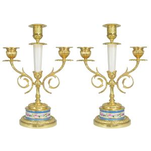 Pair Of Candlesticks In Bronze And Porcelain XIXème