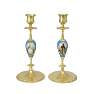 Pair Of Candle Gilded Bronze And Paris Porcelain