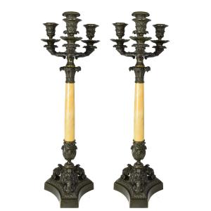 Pair Of Candlesticks Patinated Bronze Restauration 1820