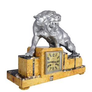 Clock Art Deco With Feline By T. Cartier