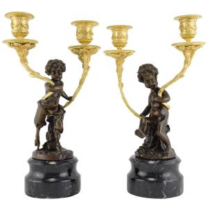 Pair Of Candle Nymph And Faun 19th Century XIXe