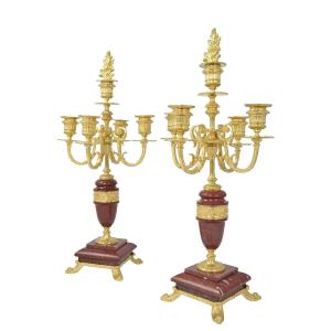 Candlestick Gilded Bronze And Red Marble XIXème