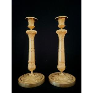 Paire De Flambeaux  modèle à La Corbeille En Bronze Doré d'époque Restauration 