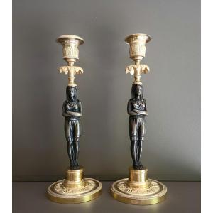 Paire De Flambeaux Retour d'Egypte En Bronze Doré Et Patiné époque Consulat