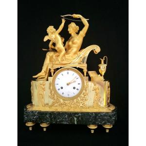 Mantel Clock , Love Disarmed " l'Amour Désarmé" Gilded Bronze Circa 1805 Empire Period