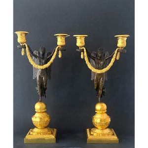 Pair Of Candelabra In Gilt And Patinated Bronze Circa 1815